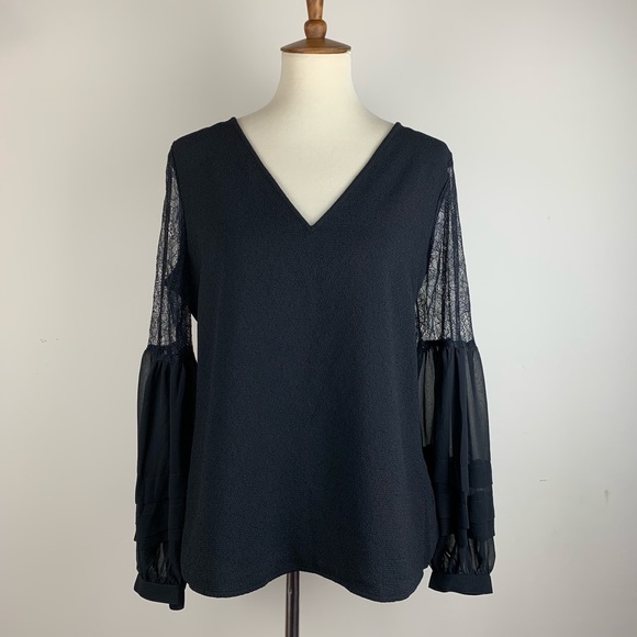 Express Tops - Black Express Blouse w/ Lace & Balloon Sleeves L